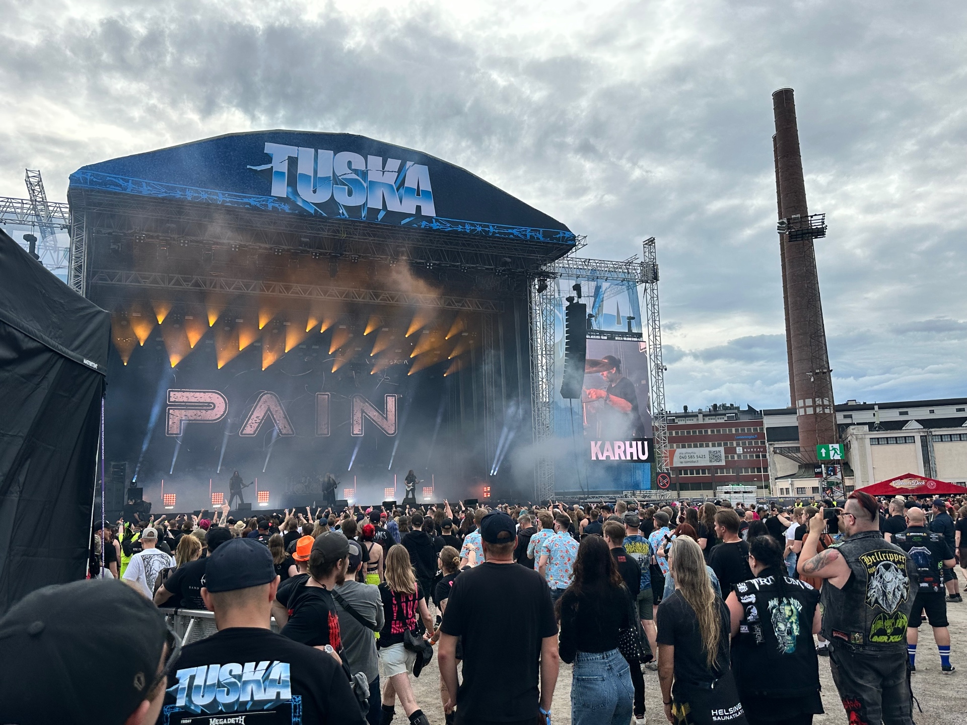 Pain lighting up the main stage with industrial metal anthems. Pain live on the Tuska main stage at Tuska Festival 2026 in Helsinki
