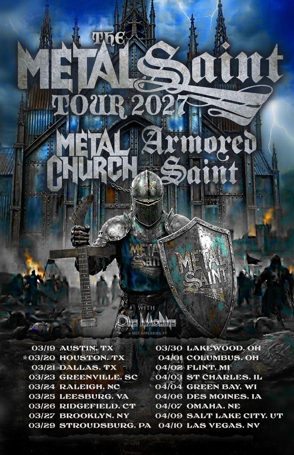 The Metal Saint Tour 2027 poster — Metal Church and Armored Saint with One Machine, March–April 2027 dates