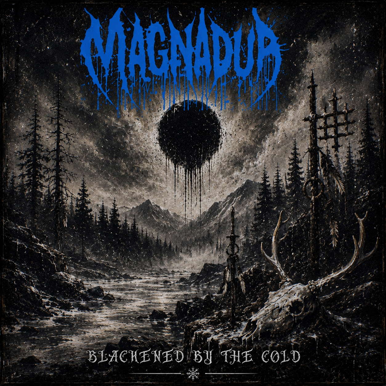 Magnadur — Blackened by the Cold EP artwork, out December 18, 2026 Magnadur EP cover artwork: a black dripping sun over a frozen forest valley with a deer skull and wooden crosses
