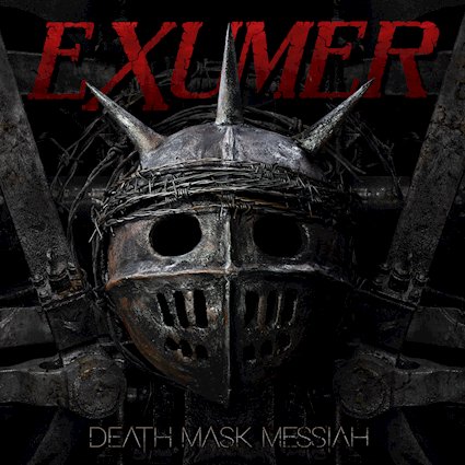 Exumer — Death Mask Messiah album cover featuring a spiked iron death mask wrapped in barbed wire