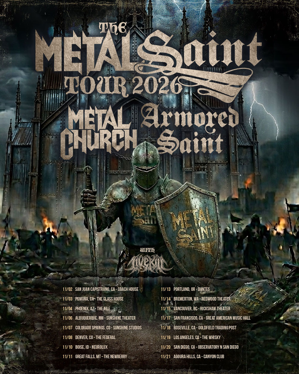 The Metal Saint Tour 2026 poster — Metal Church and Armored Saint with Iveria, November 2026 North American dates