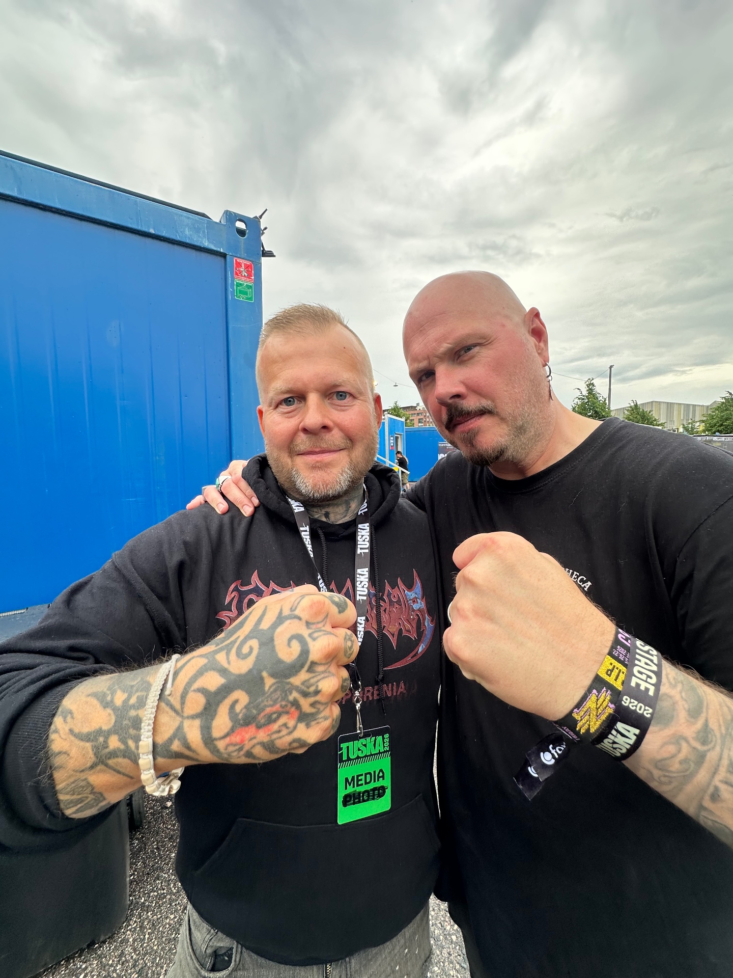 Tomi Perrakoski backstage with Björn Strid of Soilwork after the interview at Tuska Festival 2026