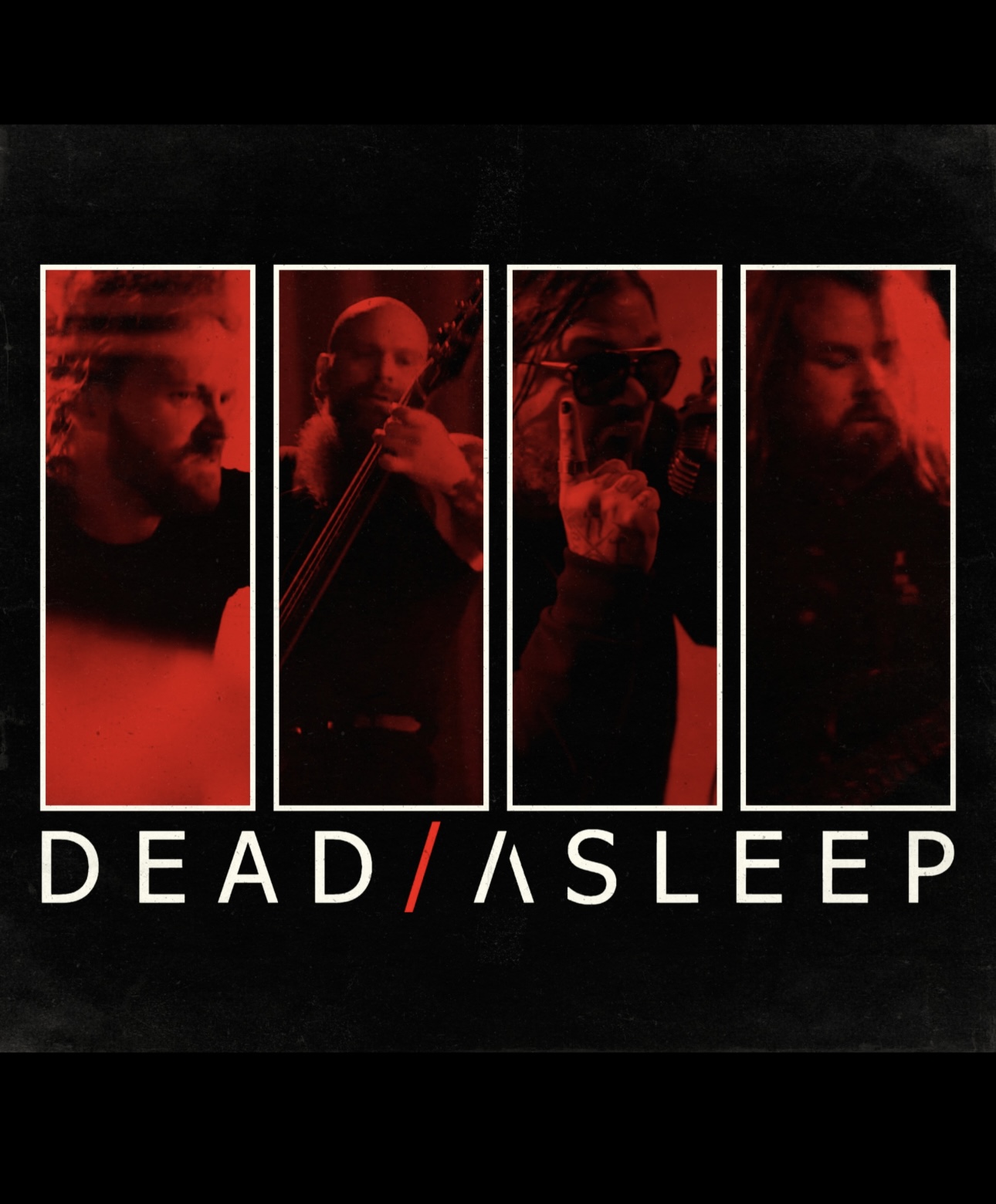 DEAD/ASLEEP band promotional photo with four members in red-toned panels