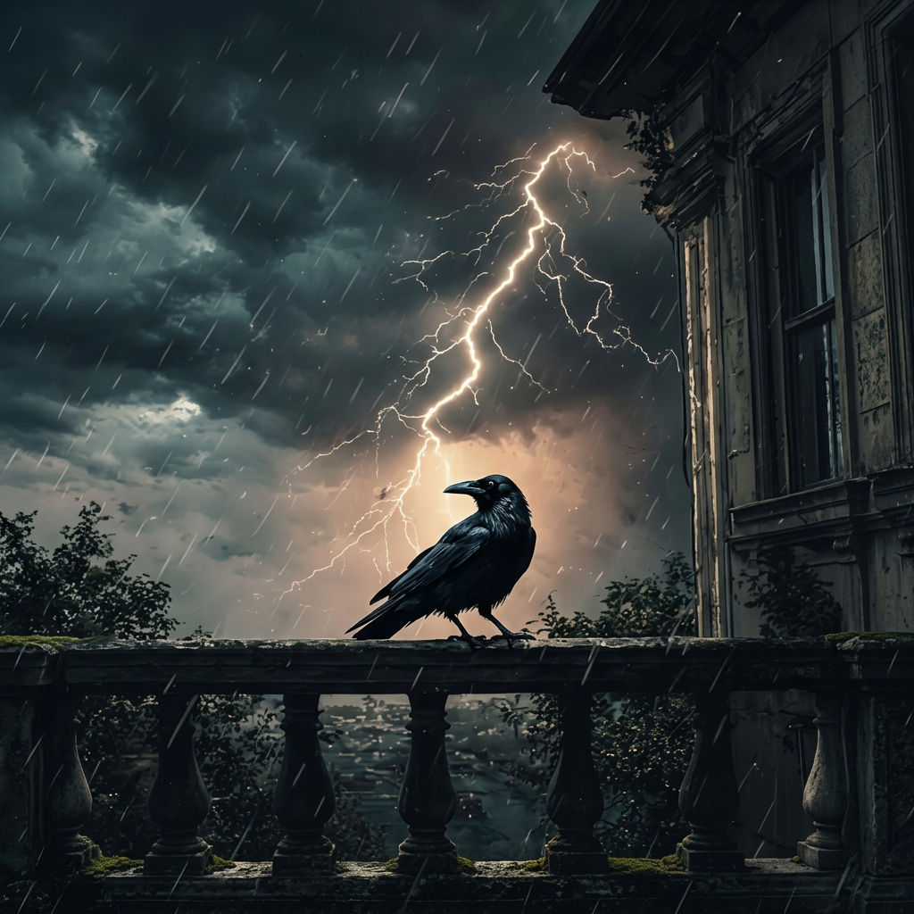Edik San — Pour Edgar Poe (Italian EDM) cover: a raven perched on a balcony rail during a lightning storm