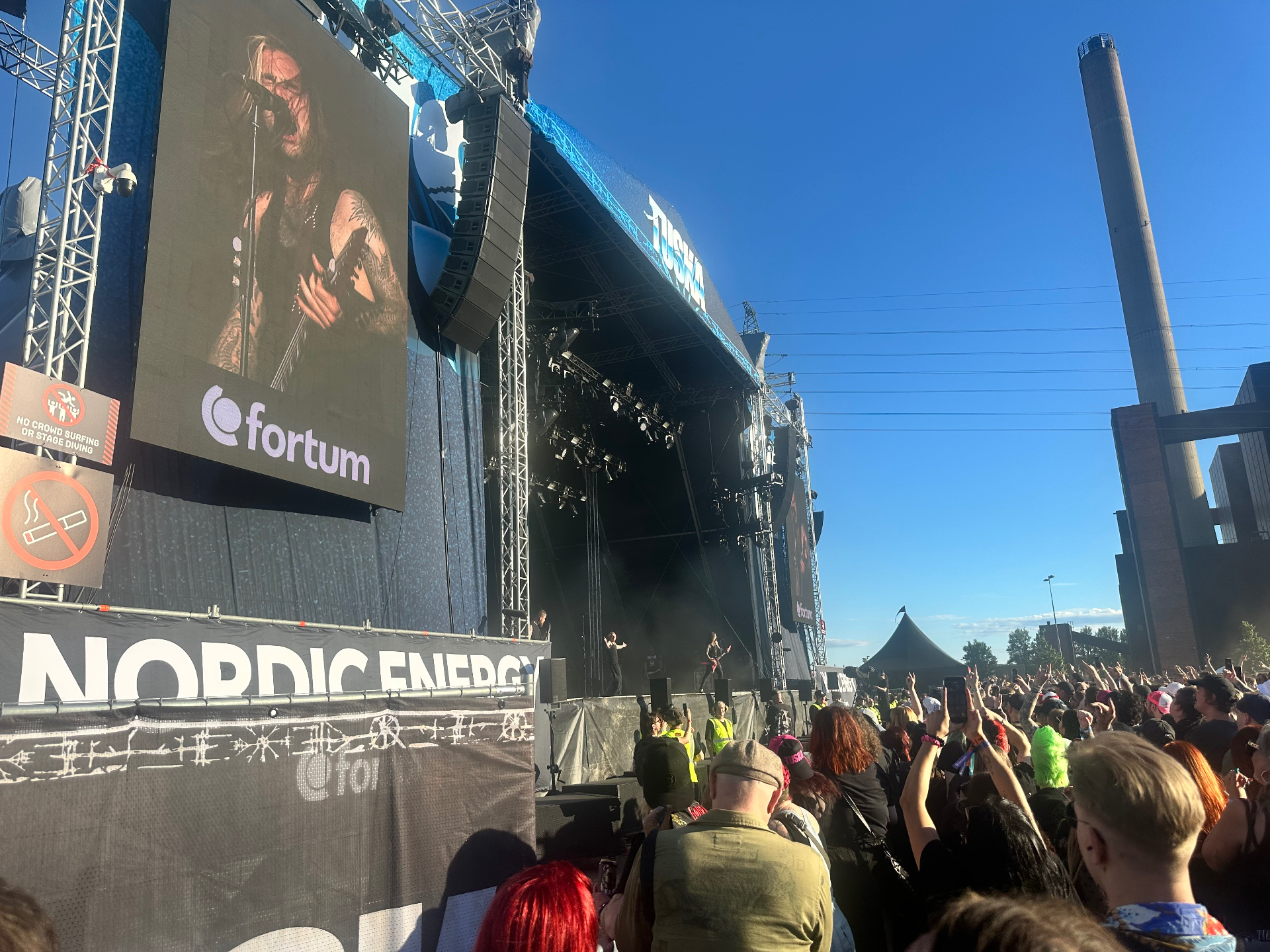 Paleface Swiss bringing crushing Swiss hardcore to the Tuska main stage. Paleface Swiss performing on the Tuska main stage 2026 with crowd and Nordic Energy barrier