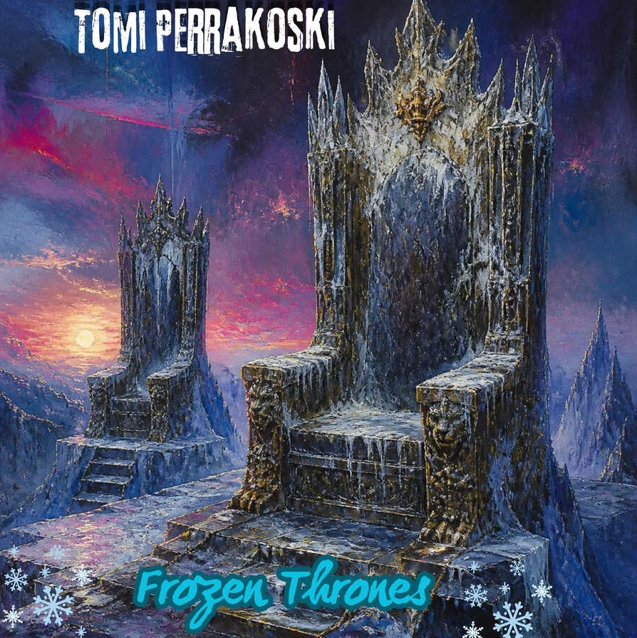Tomi Perrakoski — “Frozen Thrones” Tomi Perrakoski — “Frozen Thrones” single cover: two icy gothic thrones beneath a violet twilight sky