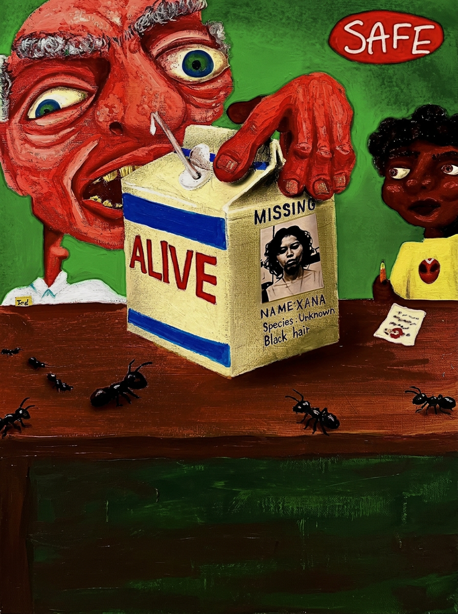 XANA — Children's Merch Dystopia single cover, surreal painted artwork of a red figure drinking from a milk carton labelled ALIVE with a MISSING poster of a girl named Xana