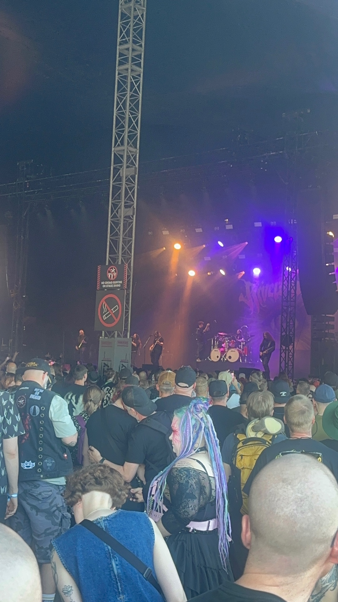 Rivers of Nihil delivering progressive death metal under Tuska's purple lights. Rivers of Nihil performing at Tuska Festival 2026 under purple stage lights