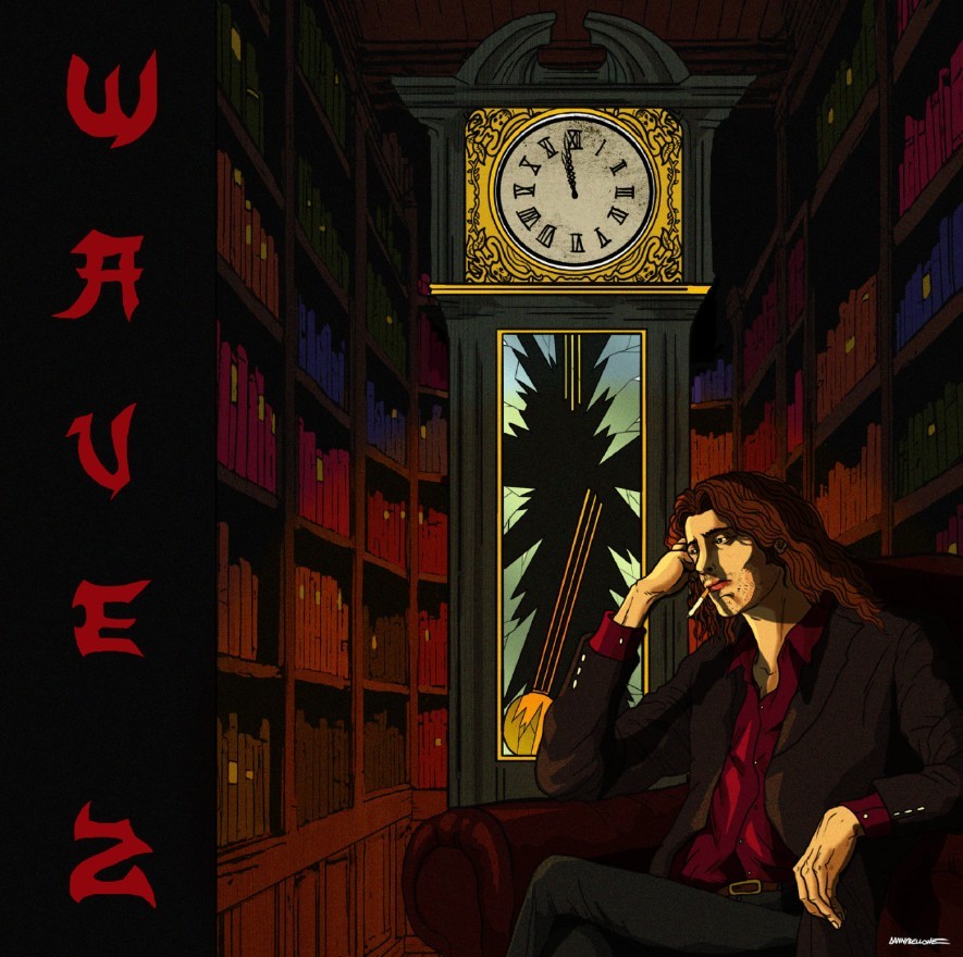 Wave Z — Faith single cover artwork showing a man smoking in a red library beside a grandfather clock
